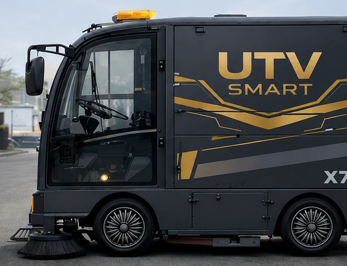 UTV SMART X7 — vista lateral, com a varredeira em posição de trabalho